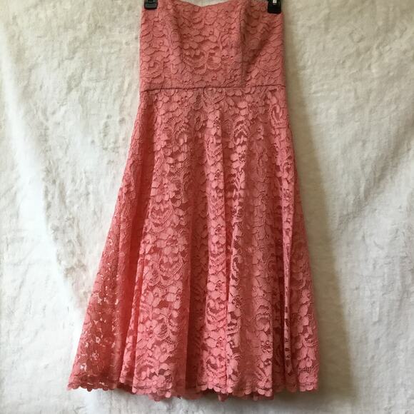 David's Bridal Strapless Coral Pink Lace Dress - Picture 3 of 15